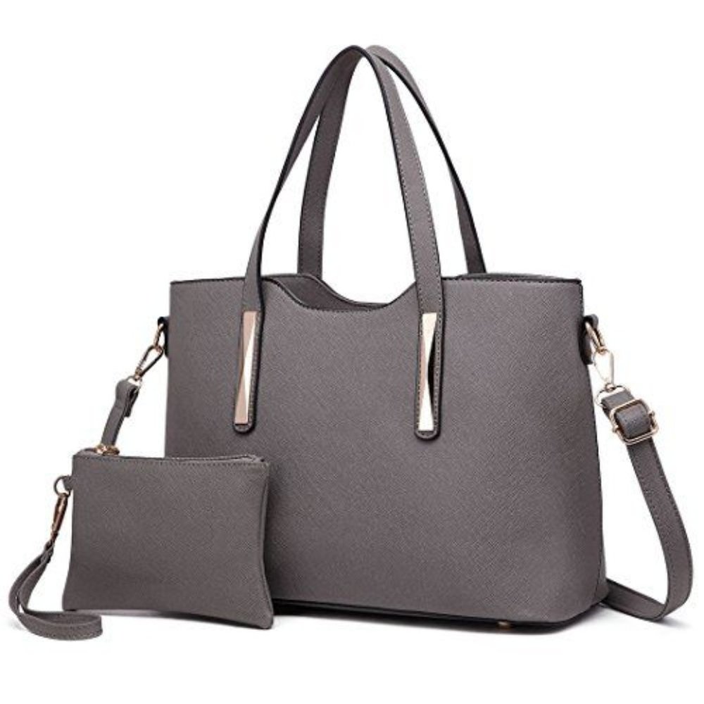 2 Piece Gray PU Leather Tote Bag Handbag Set